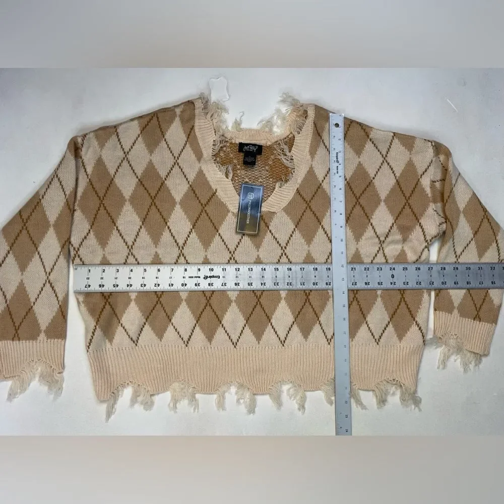 Just Polly New York Sweater Crop Distressed Fringe Women XL Cream Beige NWT